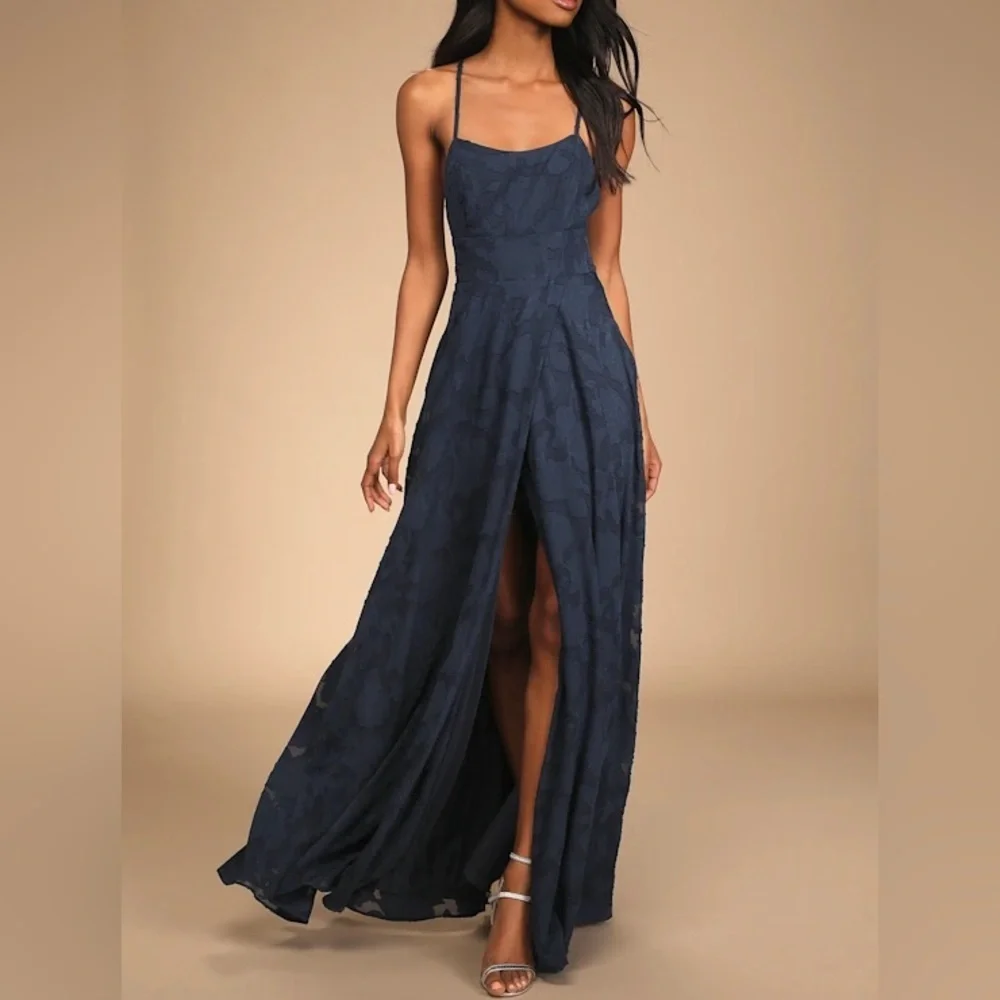 NWT Lulus Let There Be Romance Blue Burnout Floral Maxi Wedding Guest Dress L - Picture 2 of 16